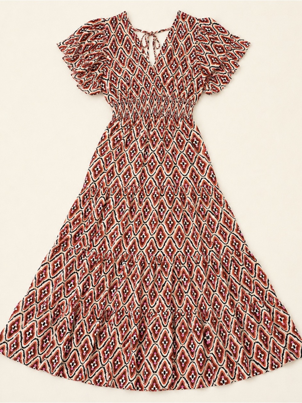 Italian Geometric Print Smocked Waist Boho Maxi Dress L/XL